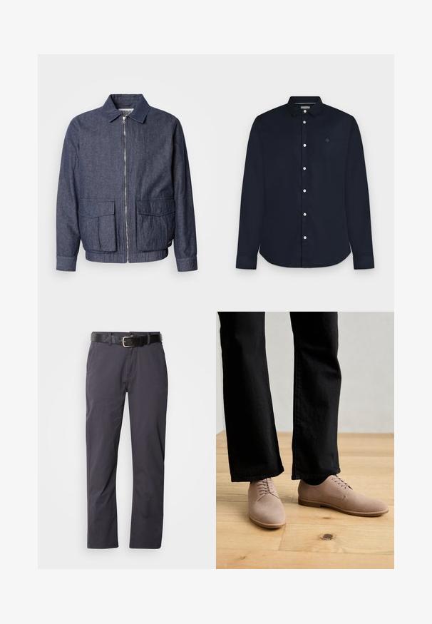 Scotch & Soda BLOUSON - Chaquetas bomber - sky captain; Camisa de hombre azul marino de manga larga con botones, cuello y botones blancos, mostrada sobre un fondo gris claro.; Pantalones de algodón negros de corte recto, con dos bolsillos delanteros y un cinturón. La tela tiene una textura suave y un acabado mate.; Zapatos de ante marrón claro con una textura suave, punta redondeada y diseño de cordones, combinados con pantalones negros de corte recto sobre un suelo de madera.