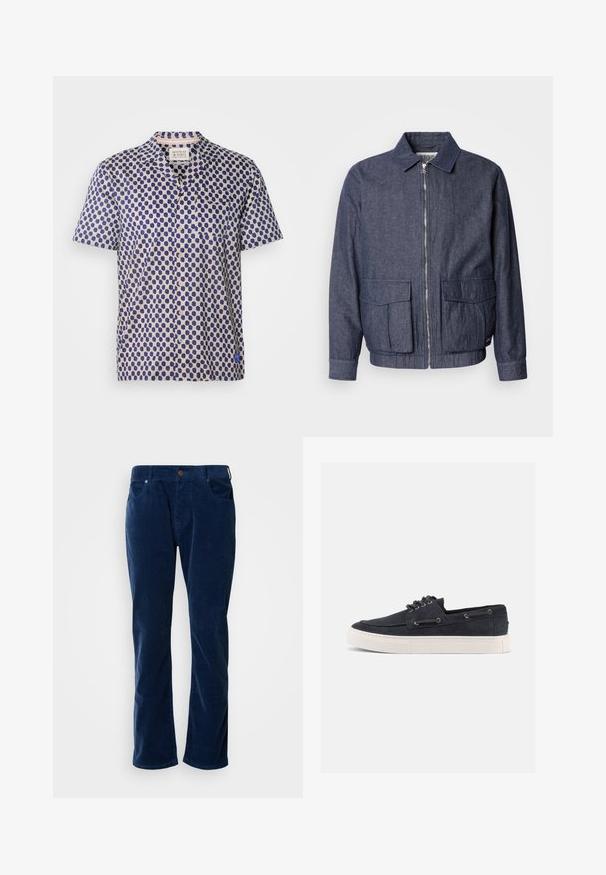 Scotch & Soda BLOUSON - Chaquetas bomber - sky captain; Camisa de manga corta con tela de color beige claro y un patrón de puntos en azul oscuro, cuello con muesca y cierre frontal de botones. Incluye un bolsillo en el pecho.; Scotch & Soda THE ZEE STRAIGHT - Pantalones - insignia blue; Zapatilla casual de ante azul marino con suela de goma blanca, cordones negros y ojales de metal, mostrada desde el lado derecho sobre un fondo liso.