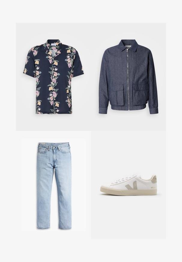 Scotch & Soda BLOUSON - Bomberjakke - sky captain; Kortærmet skjorte i mørkeblå stof med et blomstermotiv med lyserøde og gule blomster samt en klassisk krave med knapper.; Lyseblå denimjeans med lige ben, fem-lommerstil og robust syning. Har lynlås og metalknap.; Hvide lædersneakers med beige detaljer, flad gummisål, rund tå og kontrasterende logo på siden og bagsiden. Snørebåndsdesign.