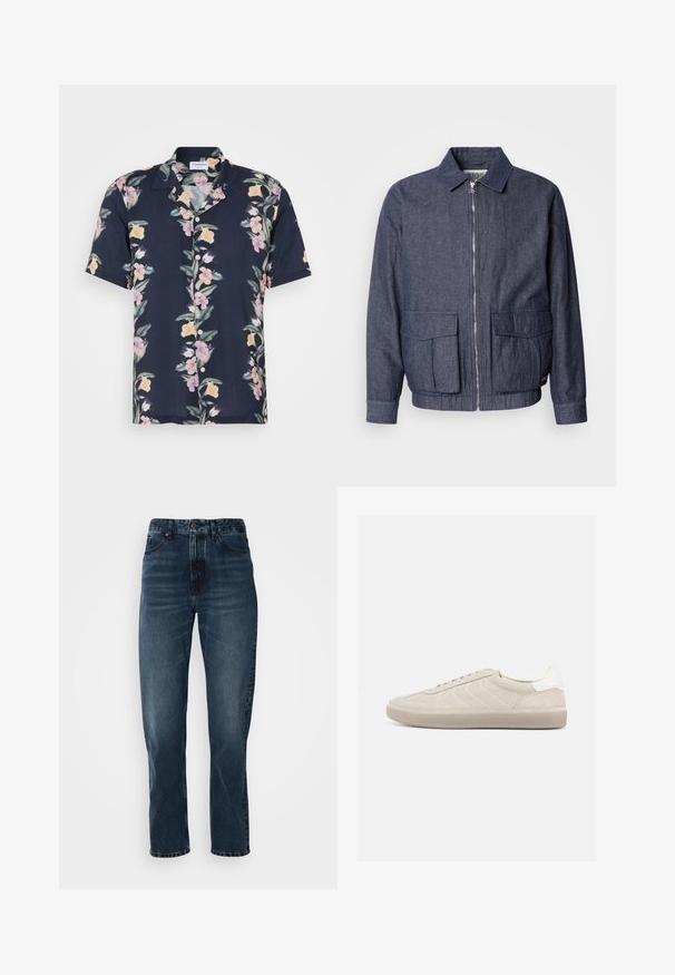 Scotch & Soda BLOUSON - Blouson Bomber - sky captain; Chemise à manches courtes en tissu bleu marine foncé avec un motif floral comportant des fleurs roses et jaunes, et un col classique avec des boutons.; Jeans droits bleu foncé avec fermeture à bouton et zip à l'avant, design à cinq poches, et subtile décoloration sur les cuisses et les genoux.; Baskets en daim beige avec une tige texturée, un contrefort de talon blanc lisse, de fines lacets et une semelle extérieure en caoutchouc. Présente un design bas profil.