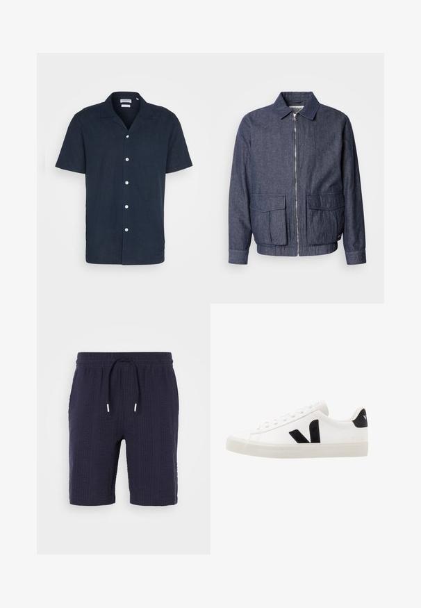 Scotch & Soda BLOUSON - Chaquetas bomber - sky captain; Camisa de botones azul marino de manga corta en un tejido ligero, con cuello, seis botones blancos y un diseño de corte relajado.; Pantalones cortos de color navy con un patrón texturizado, cinturilla elástica y cierre de cordón. Presentan un ajuste holgado y una longitud por encima de la rodilla.; Zapatilla de cuero blanca con acentos de ante negro; presenta una suela de goma, puntera redonda y un diseño clásico de cordones. Logo lateral en negro.