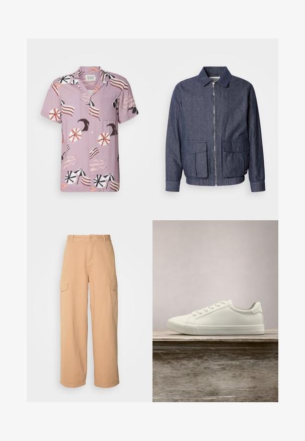 Scotch & Soda BLOUSON - Bomberjakke - sky captain; Kortærmet, lavendel skjorte med et strandtema-print med parasoller, bølger og stribede detaljer. Indeholder en brystlomme og knaplukning foran.; Beige bredde cargo bukser lavet af letvægtsstof, med to sidelommer og knaplukning i taljen. Blød tekstur.; Hvide snørresneakers svævende over en træbænk med grønne planter i baggrunden, der fremhæver skodesign og tekstur.