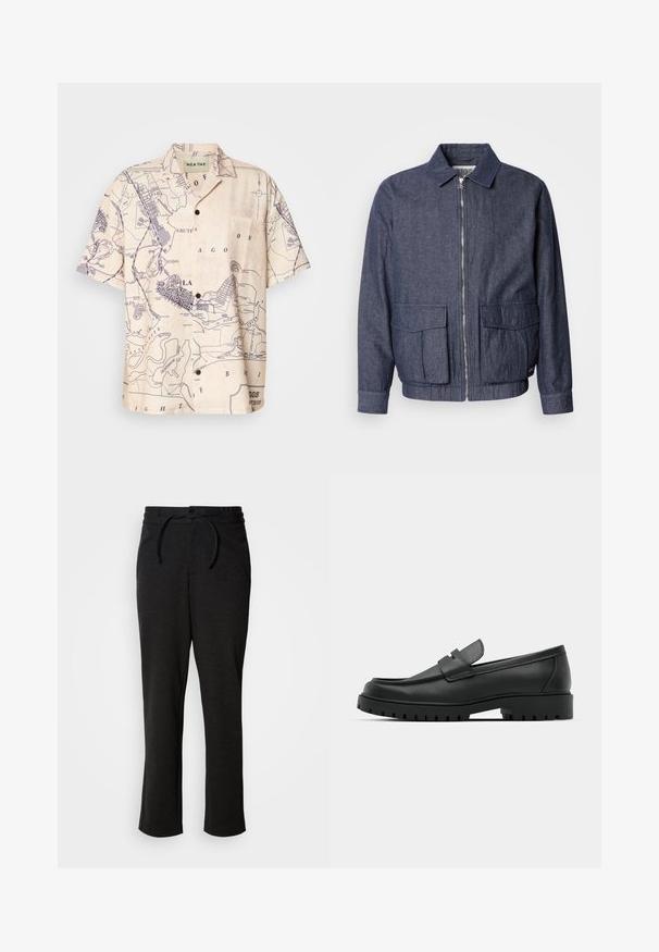 Scotch & Soda BLOUSON - Bombertakki - sky captain; Lyhythempärinen paita vaaleanbeigeistä kankaasta, jossa on tummansinisellä karttakuva, klassinen kaulus ja etutasku.; Mustat neulehousut, joissa on naru vyötäröllä, suora lahkeensuukku ja sivutaskut. Pehmeä pinta ja sileä viimeistely.; Musta nahkaloafers, joissa on pyöreä kärki, ommeltu pinta, matala alusta ja kuvioitu, kuminen ulkopohja.