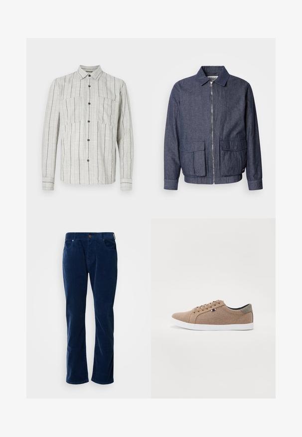 Scotch & Soda BLOUSON - Bomberjakke - sky captain; Lysegrå langærmet skjorte med knapper, vertikale sorte striber og to brystlommer foran.; Scotch & Soda THE ZEE STRAIGHT - Bukser - insignia blue; Beige lærreds sneakers med lavt design, hvid gummisål og runde snørebånd. Har et kontrasterende gråt hælrelief og logo detalje.