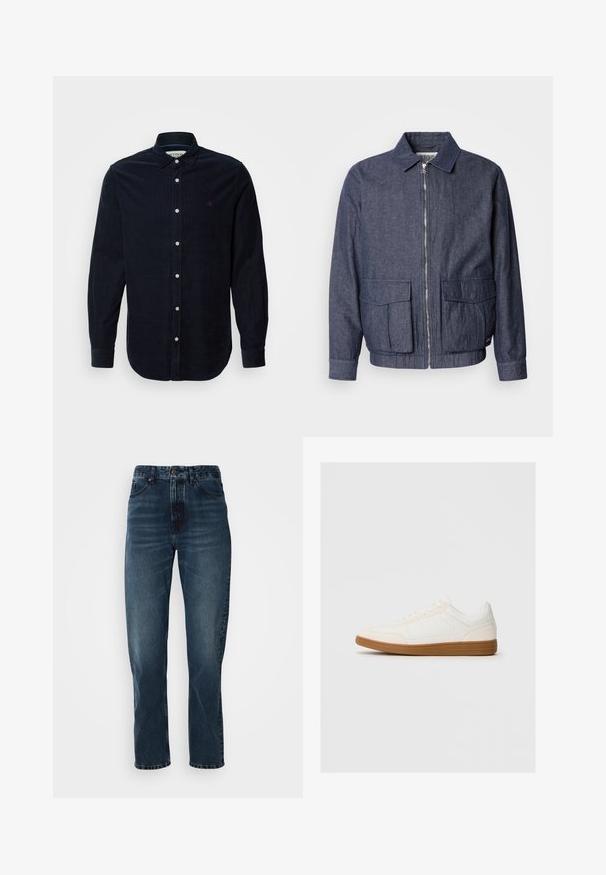 Scotch & Soda BLOUSON - Bomberjacke - sky captain; Hemd aus mitteldicker Baumwollcord für Männer in Marineblau mit langen Ärmeln, button-down Kragen und vorderer Knopfleiste. Mit einem kleinen gestickten Logo auf der Brust.; Dunkelblaue gerade Jeans mit Knopf- und Reißverschluss vorne, Fünf-Taschen-Design und subtiler Ausbleichung an Oberschenkeln und Knien.; Weißer Sneaker mit einer Wildleder-Zehenkappe, glattem Synthetik-Obermaterial und einer sandfarbenen Gummisohle. Verfügt über Perforationen an den Seiten für Atmungsaktivität.