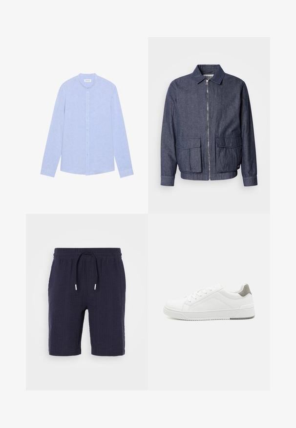 Scotch & Soda BLOUSON - Blouson Bomber - sky captain; Chemise à manches longues bleu clair avec col montant, bouton sur le devant, et tissu texturé. Présente des boutons bleu clair et un ourlet droit.; Shorts navy avec un motif texturé, taille élastique et cordon de serrage. Présente une coupe décontractée et une longueur au-dessus du genou.; Basket blanche en cuir lisse, à bout arrondi, design minimaliste, accent de talon gris et semelle en caoutchouc texturé.
