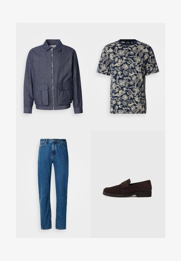 Scotch & Soda BLOUSON - Bomberjakke - sky captain; Marineblå kortærmet t-shirt med cremefarvet blomsterprint, rund hals og blød tekstur. Indeholder indviklede detaljer af forskellige blomster og blade.; Blå lige ben denim jeans med fem lommer og frontlukning med knap på en hvid baggrund.; Brune ruskinds loafers med lav profil og rund tå. Har en dekorativ rem over det øverste, flad gummisål og ingen synlig syning.