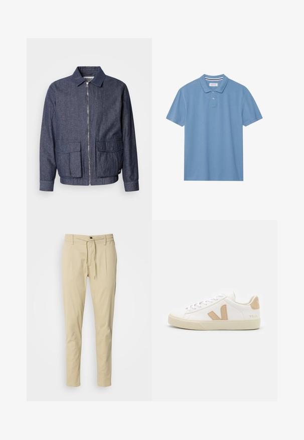 Scotch & Soda BLOUSON - Bomberjacke - sky captain; Helles blaues Poloshirt aus strukturiertem Stoff, mit einem Kragen, einer Dreiknopf-Leiste und kurzen Ärmeln.; Beige, schmale, taillierte Hose aus Baumwollmischgewebe. Elastischer Bund mit Kordelzug, zwei vordere Falten und gerades Bein.; Weiße Sneaker mit beigen Akzenten, aus glattem Leder, mit runder Zehenform, flacher Gummisohle und Schnürverschluss sowie einem Logo an der Ferse.