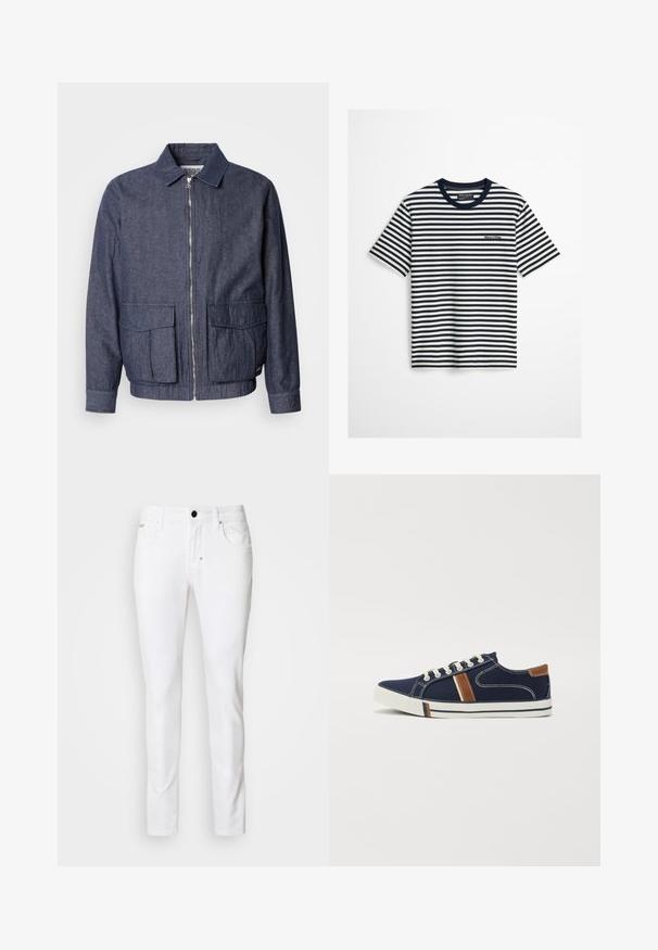Scotch & Soda BLOUSON - Bombertakki - sky captain; Laivastonsininen ja valkoinen vaakaraitainen lyhythihainen T-paita, jossa laivastonsininen pääntie ja pieni Marc O’Polo -logo rinnassa.; Valkoiset denimfarkut, joissa on suora lahjeline, klassinen viisi-taskumalli, metallinappikiinnitys ja hienostuneet ompeluyksityiskohdat.; Navy kangaskengät valkoisilla nauhakiristyksillä, ruskeilla yksityiskohdilla ja sivuviivastolla. Varustettu kumipohjalla ja erottuvalla ompeleella.