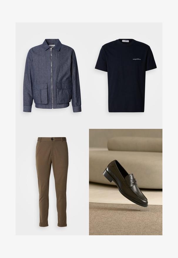 Scotch & Soda BLOUSON - Bomber-jakk - sky captain; Tumesinist puuvillast lühikeste varrukatega T-särk ümarkaelusega, millel vasakul rinnal väike valge tikitud logo.; Pruunid, kohandatud püksid sujuva tekstuuriga, nööbiga kinnitamine ja üleskeeratud sääreotsad. Kujundatud kitsast lõiget ja funktsionaalsete taskutega.; Mustast nahast kingapael hõljub beeži vaiba kohal, taustal beež diivan, näidates klassikalist meeste slip-on disaini.