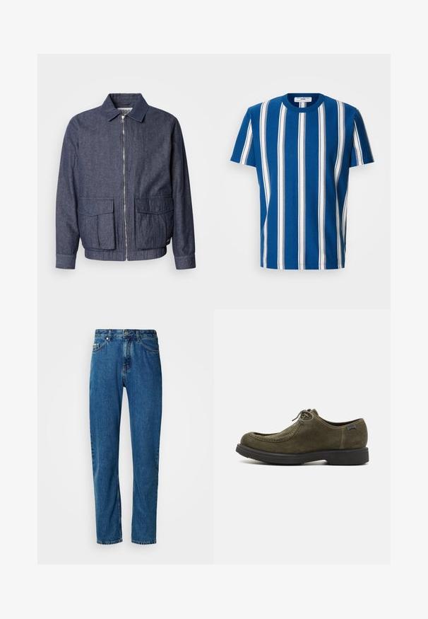 Scotch & Soda BLOUSON - Bomberjacke - sky captain; Blaues T-Shirt mit weißen und marineblauen vertikalen Streifen. Verfügt über einen Rundhalsausschnitt und kurze Ärmel. Hergestellt aus weichem, atmungsaktivem Stoff.; Blaue gerade geschnittene Jeans aus Denim mit fünf Taschen und vorderem Knopfverschluss vor einem weißen Hintergrund.; Dunkelgrüne Wildlederschuhe mit glatter Oberfläche, runder Zehenform, genähten Akzenten und einer schwarzen Gummisohle.