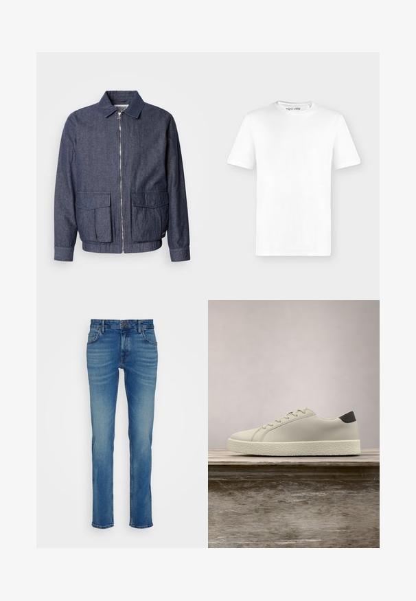 Scotch & Soda BLOUSON - Bomberjacks - sky captain; Effen wit T-shirt met korte mouwen en een ronde hals, voorkant getoond tegen een lichtgrijze achtergrond zonder zichtbare logo's.; Blauwe denim jeans met een recht model, vijf zakken en een knoopsluiting met een lichte vervaging en wassingdetails.; Witte sneaker met gestructureerde zool en zwarte hieldetails, zwevend boven een houten bank met hoge groene graspluimen op de achtergrond.