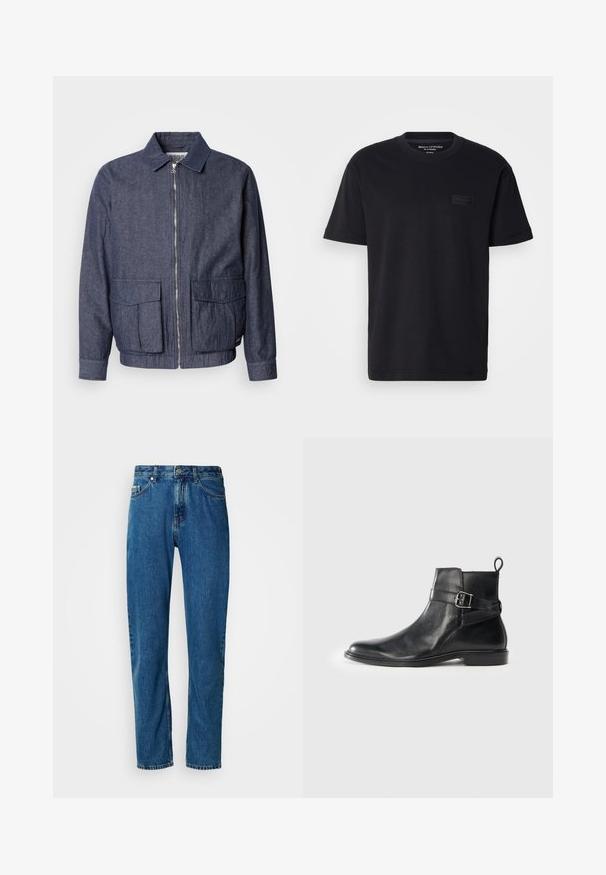 Scotch & Soda BLOUSON - Bomberjacks - sky captain; Zwarte katoenen t-shirt met korte mouwen, een ronde hals en een gestructureerde, zwarte logosticker op de borst. Glad, lichtgewicht stof.; Blauwe rechte spijkerbroek met vijf zakken en een knoopsluiting aan de voorkant op een witte achtergrond.; Zwarte leren enkellaarsjes met een ronde neus, zijgespeldetail en een lipje op de hak. Platte zool met een subtiele glansafwerking.