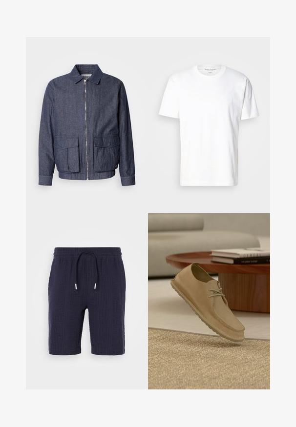 Scotch & Soda BLOUSON - Blouson Bomber - sky captain; T-shirt en coton blanc avec un col rond et des manches courtes. Présente un détail de logo subtil sur le devant. Texture lisse, coupe décontractée.; Shorts navy avec un motif texturé, taille élastique et cordon de serrage. Présente une coupe décontractée et une longueur au-dessus du genou.; Chaussure décontractée à lacets en daim beige flottant au-dessus d'un tapis texturé dans un salon moderne avec une table basse en bois et des livres.