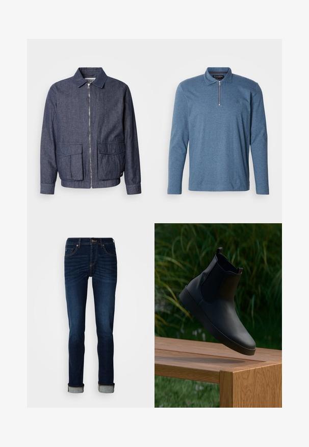 Scotch & Soda BLOUSON - Bomberjakke - sky captain; Langærmet polo i meleret blåt stof med halv lynlås, krave og diskret logo på brystet.; Dunkelblå jeans med lige ben, lynlås, og opkrøllede kanter. Fremstillet af denim med let falmende farve og kontrastfarvede syninger.; Sort læder ankelstøvle med elastiske sidepaneler, glat overflade, afrundet tå og flad sål, placeret over et træt bord mod en grøn baggrund.