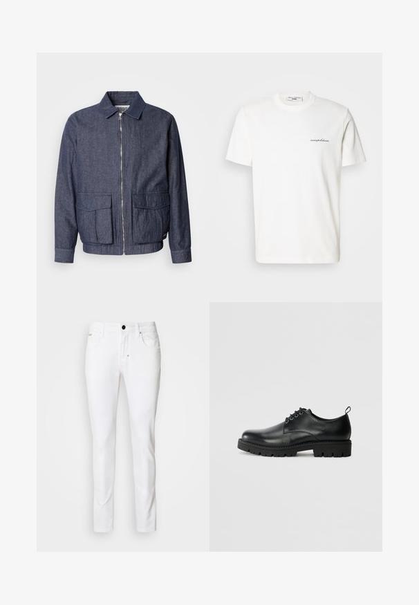 Scotch & Soda BLOUSON - Bomberjacks - sky captain; Wit katoenen T-shirt met een ronde hals en korte mouwen. Heeft een klein zwart logo en tekst aan de linkerkant van de borst.; Witte denim jeans met een rechte pijpdesign, klassieke vijf-pocket stijl, metalen knoopsluiting en subtiele stikseldetails.; Zwarte lederen schoen met een ronde neus, voorzien van een vetersluiting, stevige zwarte rubberen zool en een klein hieltabje aan de achterkant.