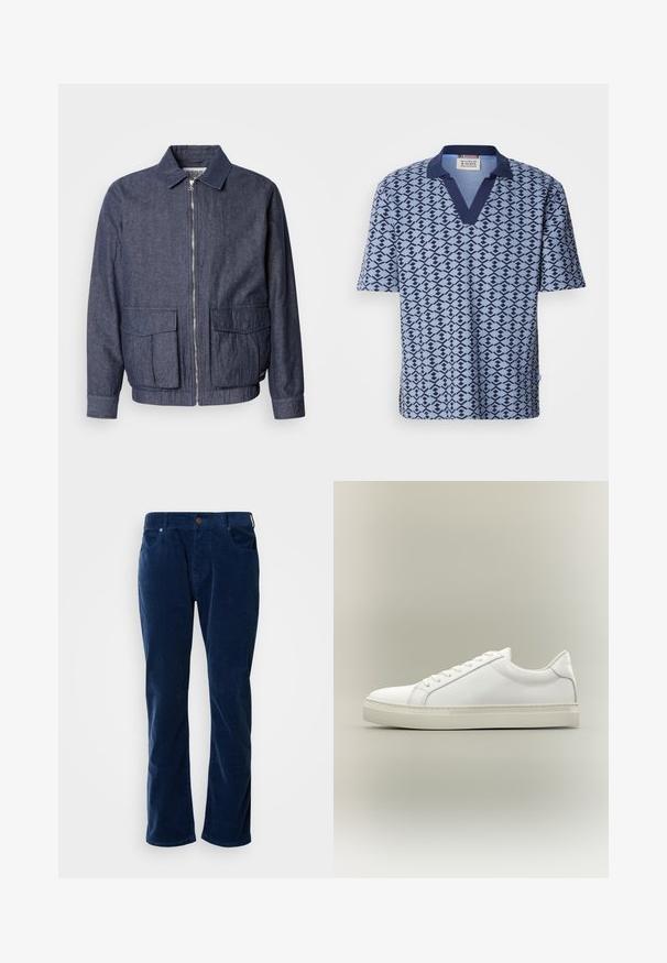 Scotch & Soda BLOUSON - Chaquetas bomber - sky captain; Scotch & Soda PRINTED RELAXED FIT - Polo - faded denim; Scotch & Soda THE ZEE STRAIGHT - Pantalones - insignia blue; Zapatilla blanca de perfil bajo con cordones en la parte delantera y suela gruesa, mostrada de lado sobre un fondo neutro.