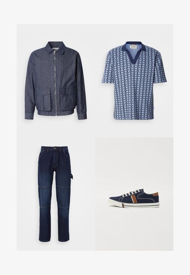 Scotch & Soda BLOUSON - Blouson Bomber - sky captain; Scotch & Soda PRINTED RELAXED FIT - Polo - faded denim; Pantalon en denim bleu foncé avec une coupe droite. Comprend des poches latérales, une fermeture à bouton, et des coutures contrastées au niveau des genoux.; Baskets en toile marine avec fermeture lacée blanche, accents marron et détails de bande latérale. Dotées d'une semelle en caoutchouc et d'une couture contrastante.