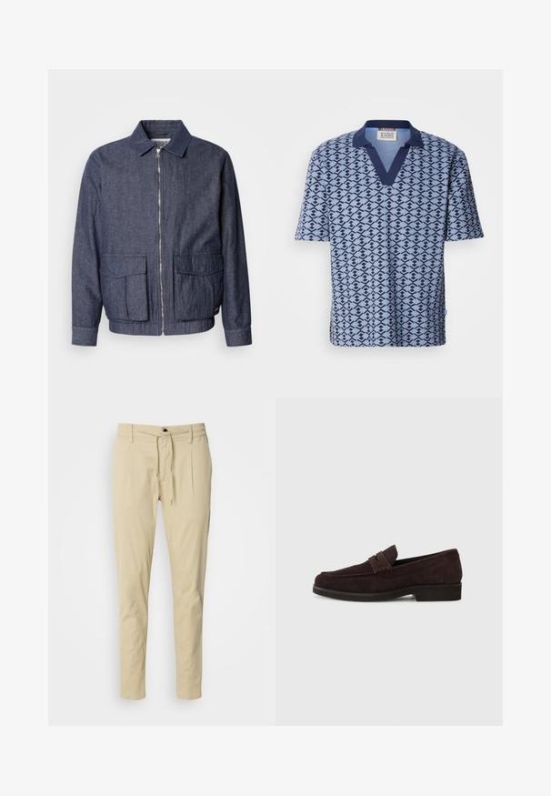 Scotch & Soda BLOUSON - Chaquetas bomber - sky captain; Scotch & Soda PRINTED RELAXED FIT - Polo - faded denim; Pantalones beige de corte ajustado, hechos de una mezcla de algodón. Cintura elástica con cordón, dos pliegues frontales y patas rectas.; Mocasines de ante marrón con un perfil bajo y punta redonda. Presentan una correa decorativa en la parte superior, suela plana de goma y sin costuras visibles.