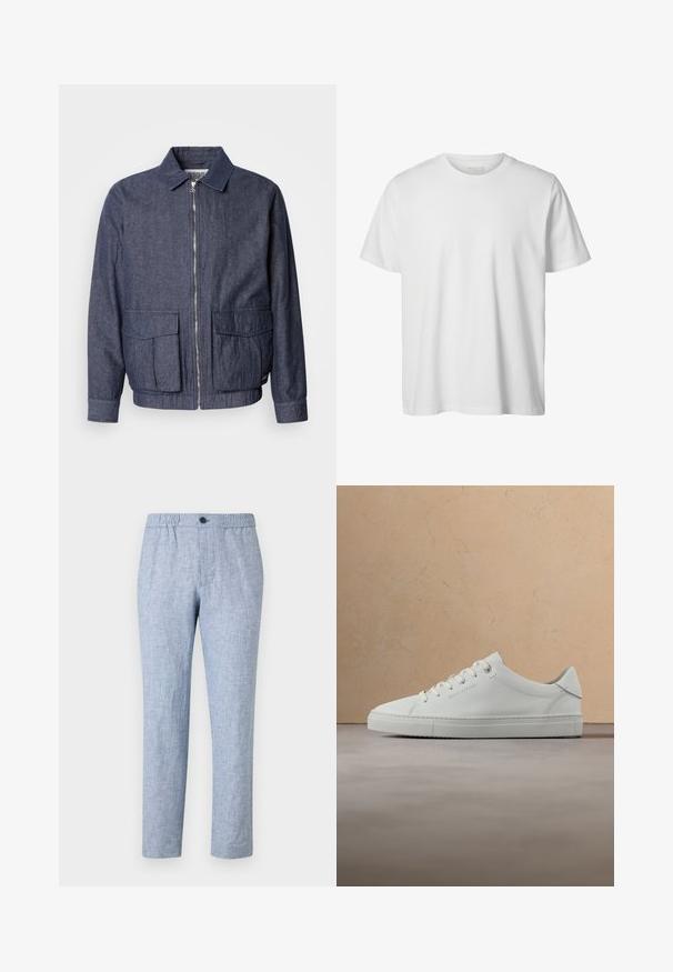 Scotch & Soda BLOUSON - Bomberjacke - sky captain; Schlichtes weißes T-Shirt mit kurzen Ärmeln und Rundhalsausschnitt, lässiger Passform und ohne sichtbare Logos oder Designs auf der Vorderseite.; Hellblaue Leinenhose mit geradem Schnitt, elastischem Bund mit Knopfverschluss und ohne sichtbare Taschen.; Weißer Leder-Sneaker mit niedrigem Schaft und Schnürsenkeln, schwebend über einem strukturierten beigen Teppich, nahe einem runden Couchtisch aus Holz mit Büchern.