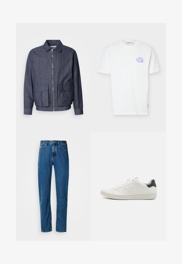 Scotch & Soda BLOUSON - Bomberjacke - sky captain; Weißes kurzärmliges Baumwoll-T-Shirt mit lila ovalem Logo auf der linken Brust und einem runden Halsausschnitt.; Blaue gerade geschnittene Jeans aus Denim mit fünf Taschen und vorderem Knopfverschluss vor einem weißen Hintergrund.; Weiße Leder-Sneaker mit abgerundetem Zeh, flacher Gummisohle, seitlichen Nahtdetails und einem kontrastierenden dunklen Fersenakzent. Schnürsenkel mit metallischen Ösen.