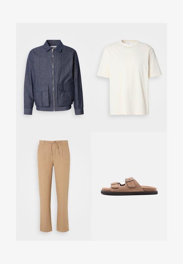 Scotch & Soda BLOUSON - Bomberjakke - sky captain; Lys off-white kortærmet T-shirt med rund hals, unisex design, præsenteret på en neutral grå baggrund.; Beige linnedbukser med lige ben, snoreliv og en subtil tekstureret overflade. Forreste folder tilføjer detaljer til den klassiske stil.; Brun ruskinds slidessandal med sort sål, med to justerbare remme med spænder og hvide syninger, set fra siden på hvid baggrund.