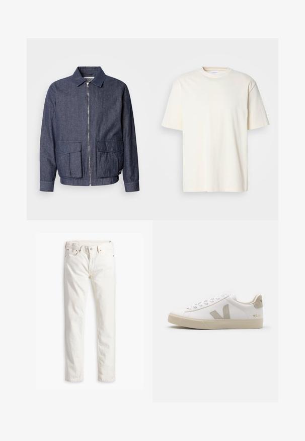 Scotch & Soda BLOUSON - Bomberjacke - sky captain; Ein einfarbiges, off-white T-Shirt mit kurzen Ärmeln und Rundhalsausschnitt, unisex Design, auf einem neutralen grauen Hintergrund präsentiert.; Weiße Jeans im geraden Schnitt, fünf Taschen, Kupferknopf und Nieten sowie einem dezent strukturierten Stoff. Keine sichtbaren Muster.; Weiße Ledersneaker mit beigen Akzenten, flacher Gummisohle, runder Zehenpartie und kontrastierendem Logo an der Seite und Rückseite. Mit Schnürdesign.