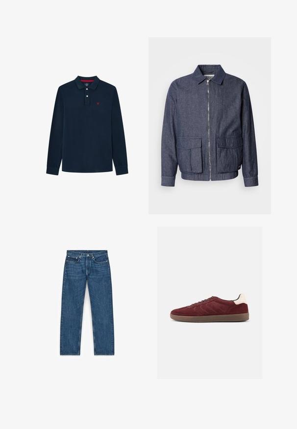 Scotch & Soda BLOUSON - Bomber-jakk - sky captain; Tumed pikkade varrukatega polo särk, mis on valmistatud pehmest puuvillast. Omab kaelust, kolme nupuga rinda ja punast logo, mis on tikitud rinna külge.; Sinised teksad, sirge laiusega, nelja tasku ja metallist detailidega. Kangal on kerge struktuur ja ühtlane pesu.; Burgundia sametjalanõu paeltega ees, tekstuurse küljepealse ja heleda kanderaamiga. Kummist tald, sileda viimistlusega.