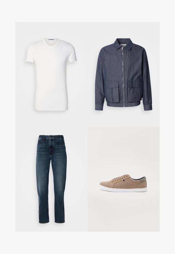 Scotch & Soda BLOUSON - Bomberjacke - sky captain; Weiße Baumwoll-T-Shirt mit kurzen Ärmeln, Rundhalsausschnitt und gesticktem Logo auf der Brust. Sanfte Textur und taillierte Passform.; Dunkelblaue gerade Jeans mit Knopf- und Reißverschluss vorne, Fünf-Taschen-Design und subtiler Ausbleichung an Oberschenkeln und Knien.; Beige Leinensneaker mit einem Low-Top-Design, weißer Gummisohle und runden Schnürsenkeln. Mit kontrastierenden grauen Akzenten an der Ferse und einem Logo-Detail.
