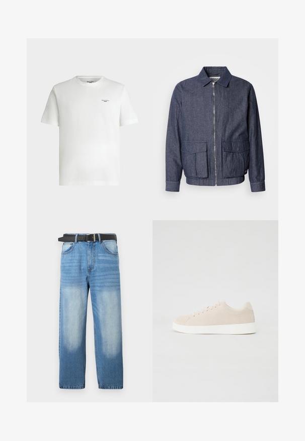 Scotch & Soda BLOUSON - Chaquetas bomber - sky captain; Camiseta blanca de manga corta con cuello redondo y pequeño logotipo de texto negro «Marc O'Polo DENIM» en la parte superior izquierda del pecho.; Jean de mezclilla azul claro con pierna recta, que presenta un cinturón negro, parches desgastados y una sutil textura diagonal en la sección superior.; Zapatillas de ante beige con suelas de goma blanca, puntera redondeada y seis ojales para los cordones. Textura suave con un diseño minimalista.