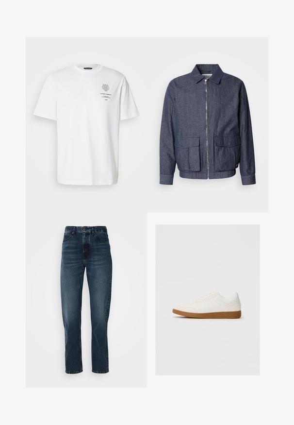 Scotch & Soda BLOUSON - Chaquetas bomber - sky captain; Camiseta de algodón blanca con cuello redondo, mangas cortas y un diseño impreso de logo y texto en la parte delantera en gris.; Jeans de pierna recta azul oscuro con cierre frontal de botón y cremallera, diseño de cinco bolsillos y un ligero desgaste en los muslos y las rodillas.; Zapatilla blanca con una puntera de ante, parte superior sintética suave y suela de goma marrón. Presenta perforaciones en los laterales para mayor transpirabilidad.