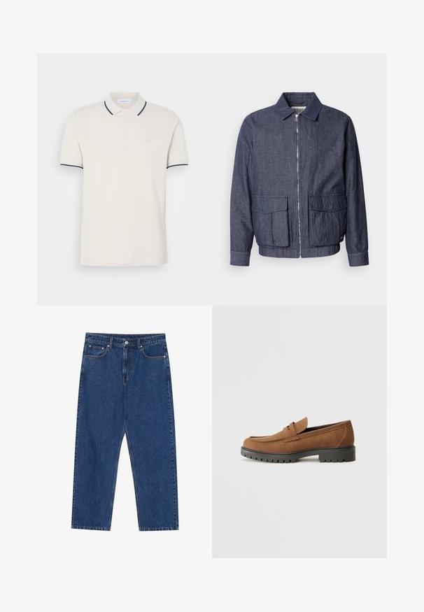 Scotch & Soda BLOUSON - Bomberjakke - sky captain; Creme polo shirt med en tre-knap lukning, korte ærmer og marineblå krave- og ærmeaksenter. Blødt bomuldsblandingsstof.; Mørkeblå denim jeans med lige ben, forlommer og en knaplukning med kontraststing hele vejen.; Brune Suede loafers med en rund tå og en lav sort gummisål, der har et dekorativt bånd og syninger på overdelen.