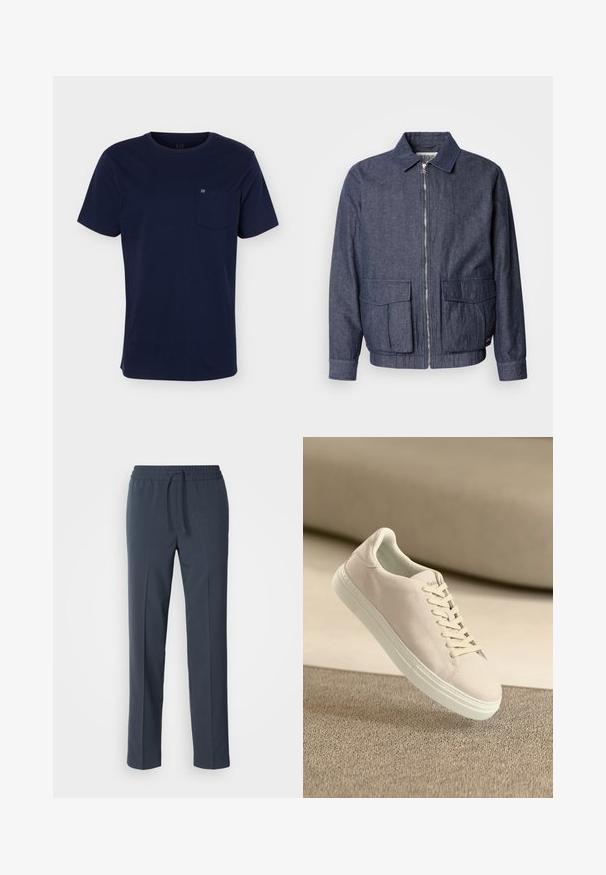 Scotch & Soda BLOUSON - Bomberjacke - sky captain; Marineblaues T-Shirt mit kurzen Ärmeln und Rundhalsausschnitt mit einer Brusttasche, die ein kleines Logo auf einfarbigem Hintergrund zeigt.; Marineblaue, leichte Hose mit Kordelzugbund, geraden Beinen und glatter Textur. Keine Muster oder Verzierungen sichtbar.; Beige Wildleder-Sneaker mit weißer Sohle und Schnürsenkeln, die über einem strukturierten beigen Teppich vor einem sanften beigen Hintergrund schwebt.