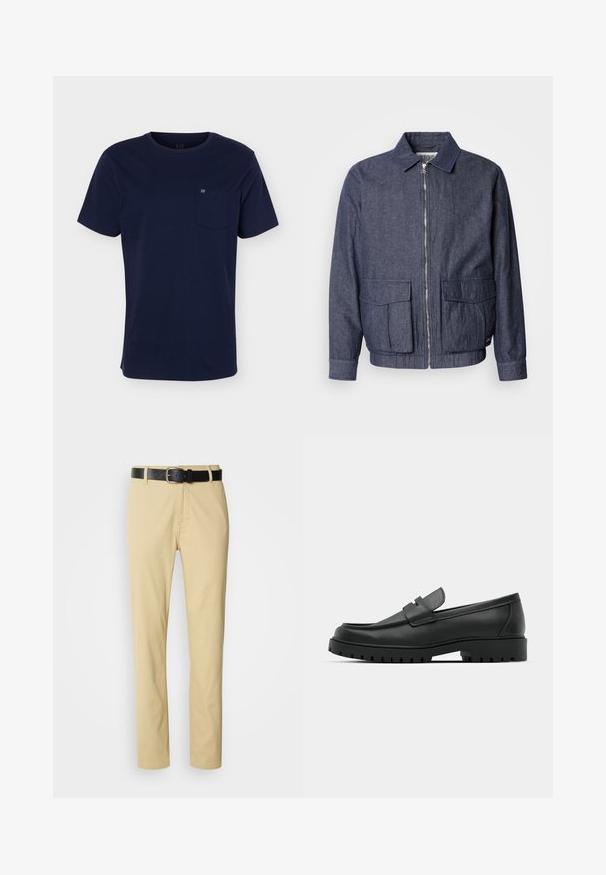 Scotch & Soda BLOUSON - Bombertakki - sky captain; Laivastonsininen, lyhythihainen pyöreäkauluksinen T-paita, jossa on rintatasku ja pieni logo yksivärisellä taustalla.; Vaaleat puuvillahousut suoralinjaisella muotoilulla, joita pidetään paikallaan mustalla nahkavyöllä, jossa on hopeinen solki.; Musta nahkaloafers, joissa on pyöreä kärki, ommeltu pinta, matala alusta ja kuvioitu, kuminen ulkopohja.