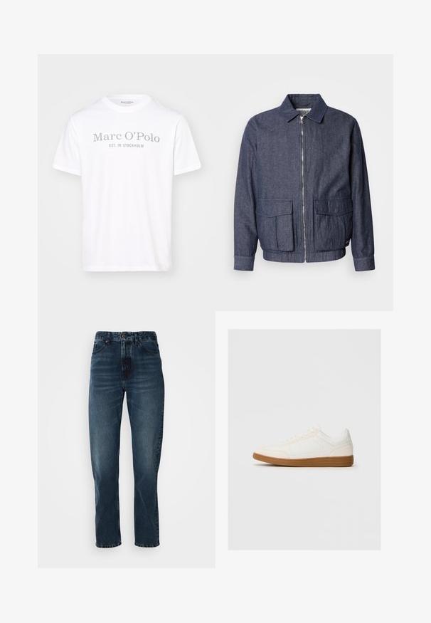 Scotch & Soda BLOUSON - Bomberjacks - sky captain; Witte katoenen T-shirt met een ronde hals, korte mouwen en grijze opdruk met de tekst "Marc O'Polo EST. IN STOCKHOLM."; Donkerblauwe recht gesneden jeans met een sluiting met knoop en rits aan de voorkant, vijf-pocket ontwerp en subtiele vervaging op de dijen en knieën.; Witte sneaker met een suède neus, een glad synthetisch bovenwerk en een tan rubberen zool. Beschikt over perforaties aan de zijkanten voor ventilatie.