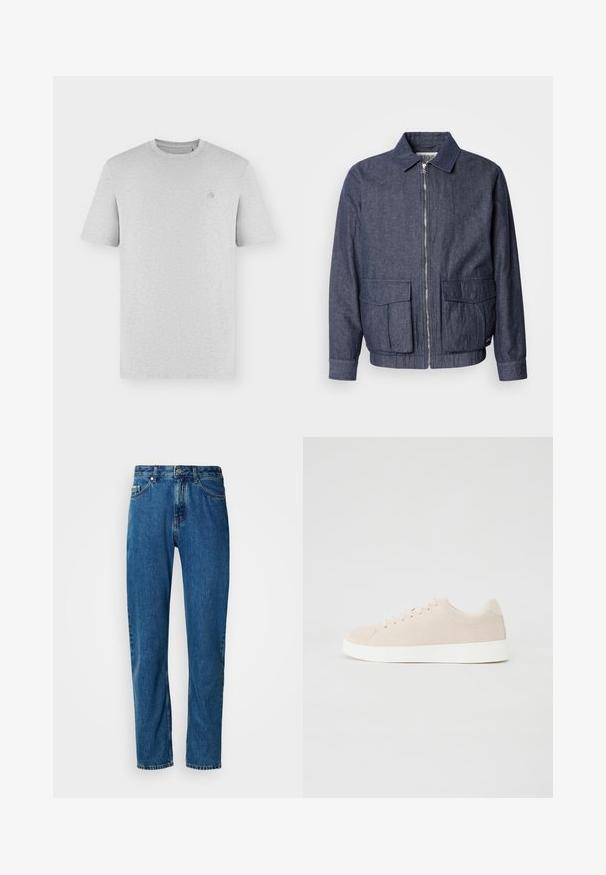 Scotch & Soda BLOUSON - Blouson Bomber - sky captain; T-shirt uni gris clair à manches courtes, col rond, avec un petit logo brodé discret sur le côté gauche de la poitrine.; Jean en denim droit bleu avec cinq poches et fermeture à bouton à l'avant sur fond blanc.; Baskets en daim beige avec semelles en caoutchouc blanc, bout rond et six œillets pour les lacets. Texture lisse avec un design minimaliste.