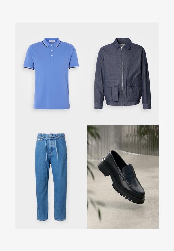 Scotch & Soda BLOUSON - Bomberjacks - sky captain; Blauwe poloshirt van katoen met een drieknoopsluiting, contrasterende witte en marineblauwe strepen op de kraag en de mouwuiteinden.; Blauwe denim jeans met een rechte pijp, hoge taille, knoopsluiting aan de voorkant, ritssluiting en een dunnen denimriem gestrikt in de taille.; Zwarte leren instappers met een chunky loopzool, voorzien van een decoratieve band en stikseldetails. Gladde textuur met een gepolijste afwerking.