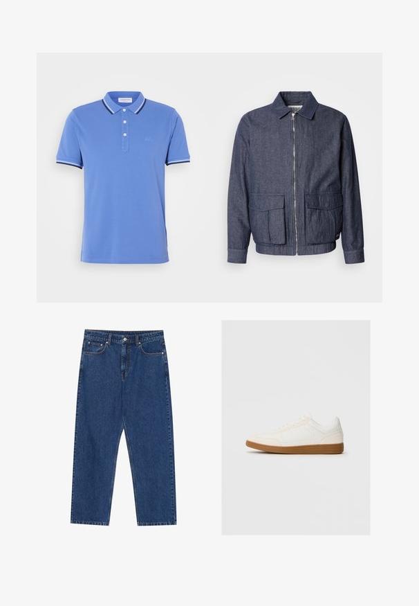 Scotch & Soda BLOUSON - Bomber-jakk - sky captain; Sinine polo särk, mis on valmistatud puuvillast, kolme nööbiga nööpaukudega, kontrastsete valgete ja tumesinine triipudega kaeluses ja varrukate ääres.; Tumedates teksad, sirge jala lõikega, eestaskutega ning nööbivahendiga, millel on kogu ulatuses kontrastne õmblus.; Valge tenniseking nubukist varbaga, sileda sünteetilise pealmise osaga ja pruunist kummist tallaga. Küljel on ventilatsiooniaugud, et tagada õhuringlus.