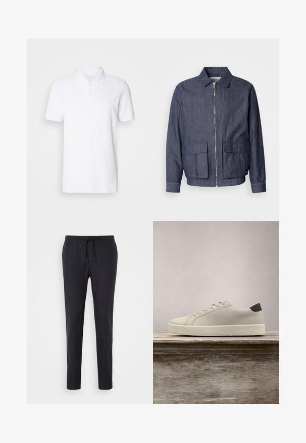 Scotch & Soda BLOUSON - Blouson Bomber - sky captain; Ecoalf Polo - white; Pantalon noir avec taille à cordon, coupe fuselée, texture lisse et bords élastiqués. Confectionné dans un tissu léger.; Baskets blanches avec semelle texturée et détail noir au talon, flottant au-dessus d'un banc en bois avec de hautes herbes vertes en arrière-plan.