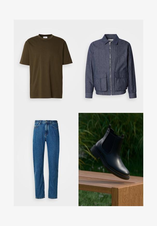 Scotch & Soda BLOUSON - Bomberjacke - sky captain; Ein einfarbig olivgrünes T-Shirt mit kurzen Ärmeln und Rundhalsausschnitt, mit einem sichtbaren weißen Markenetikett am Hals, auf einem weißen Hintergrund präsentiert.; Blaue gerade geschnittene Jeans aus Denim mit fünf Taschen und vorderem Knopfverschluss vor einem weißen Hintergrund.; Schwarze Leder-Stiefelette mit elastischen Seitenpaneelen, schwebend über einer hölzernen Bank, mit grünem Laub im Hintergrund.
