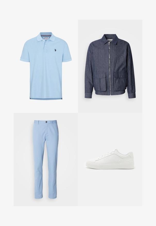 Scotch & Soda BLOUSON - Bombertakki - sky captain; Vaaleansininen lyhythihainen polo-paita, joka on valmistettu pehmeästä puuvillasta. Siinä on kolme nappia, kaulus ja brodeerattu logo rinnassa.; Vaaleansiniset puuvillahousut, joissa on suora lahkeiden malli, yksittäinen nappisulku ja hillityt etupuolelle ommellut laskokset.; Valkoiset matalakärkiset lenkkarit, jotka on valmistettu sileästä nahasta, pyöreällä kärjellä, litteillä pohjilla ja hillityllä brändäyksellä sivussa.