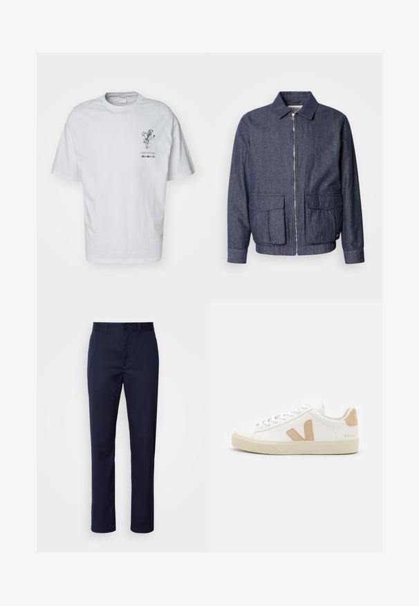 Scotch & Soda BLOUSON - Bomberjacke - sky captain; Weißes Baumwoll-T-Shirt mit kurzen Ärmeln, das auf der Vorderseite ein grafisches florales Design und darunter Textdetails zeigt.; Dunkelblaue Hosen aus Baumwollgemisch. Verfügt über einen geraden Beinverlauf, einen Taillenbund mit Gürtelschlaufen und einen vorderen Knopfverschluss.; Weiße Sneaker mit beigen Akzenten, aus glattem Leder, mit runder Zehenform, flacher Gummisohle und Schnürverschluss sowie einem Logo an der Ferse.