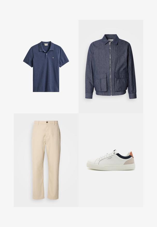 Scotch & Soda BLOUSON - Bomberjakke - sky captain; Mørkeblå kortærmet polo med krave, to-knaps stolpelukning og lille broderet logo på venstre bryst.; Beige bomuldsbukser med lige ben, en frontknaplukning, sidelommer og en glat tekstur. Minimalistisk design, ingen synlige mønstre.; Hvide lædersneakers med low-top design, marineblå stofdetalje på kraven og en lys lyserød suede hælflap. Gummisål.