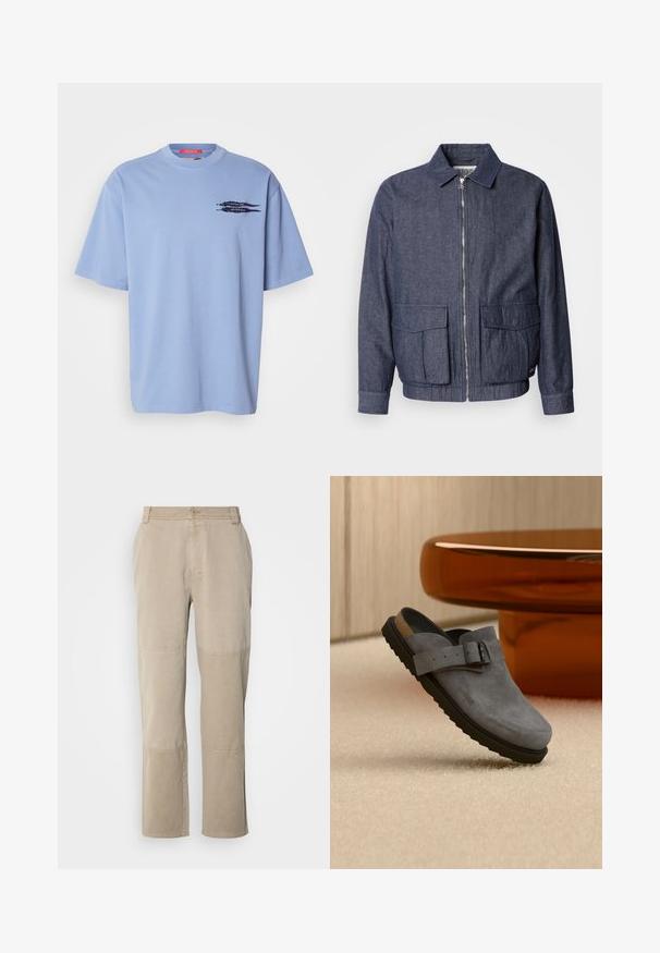 Scotch & Soda BLOUSON - Bomberjakke - sky captain; Lyseblå t-shirt med korte ærmer lavet af bomuld. Har en rund halsudskæring og et sort grafisk motiv af pile på den venstre brystområde.; Beige bomulds twill bukser med lige ben-design, der har syede knæaccentueringer og en knaplukning i taljen.; Grå ruskind slip-on træsko med sort sål og justerbar spænde, hvilende på beige tæppe nær afrundet brun bordben.