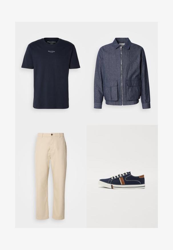 Scotch & Soda BLOUSON - Bomberjacke - sky captain; Dunkelblaue Baumwoll-T-Shirt mit kurzen Ärmeln, Rundhalsausschnitt, mit kleinem weißen Logo-Text auf der oberen Brust. Angenehme Haptik, normale Passform.; Beige Baumwollhosen mit geraden Beinen, einem Knopfverschluss vorne, Seitentaschen und einer glatten Textur. Minimalistisches Design, ohne sichtbare Muster.; Marineblaue Leinensneaker mit weißer Schnürung, braunen Akzenten und seitlichen Streifen. Verfügt über eine Gummisohle und kontrastierende Nähte.