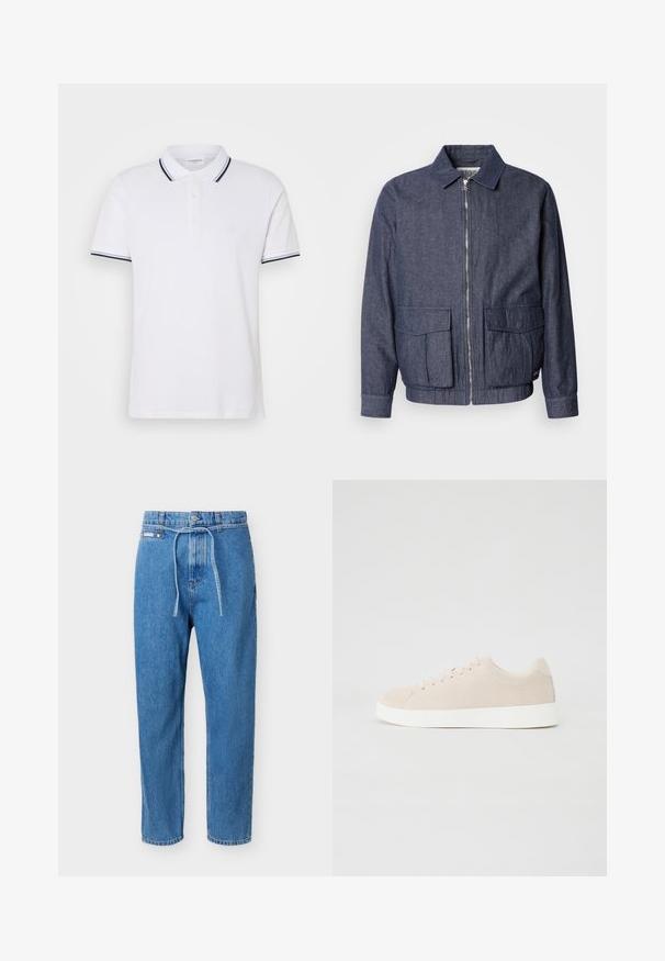 Scotch & Soda BLOUSON - Bomberjacks - sky captain; Witte poloshirt van katoen met een kraag, drieknoopsluiting en marineblauwe en witte gestreepte accenten op de mouwen.; Blauwe denim jeans met een rechte pijp, hoge taille, knoopsluiting aan de voorkant, ritssluiting en een dunnen denimriem gestrikt in de taille.; Beige suède sneakers met witte rubberen zolen, ronde neus en zes veterogen. Gladde textuur met minimalistisch ontwerp.