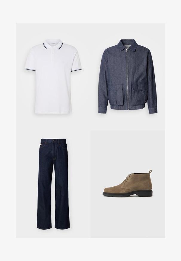 Scotch & Soda BLOUSON - Bomberjakke - sky captain; Hvid polo shirt lavet af bomuld med krave, tre-knaps lukning og marineblå og hvide striber på ærmerne.; Mørkeblå, straight-leg denimjeans med fem-lommes design og knaplukning, vist på en ensfarvet lys baggrund.; Brune ruskinds ankelstøvle med en rund tå, fire øjer til snørebånd og en sort gummisål. Har en pull tab bagpå.