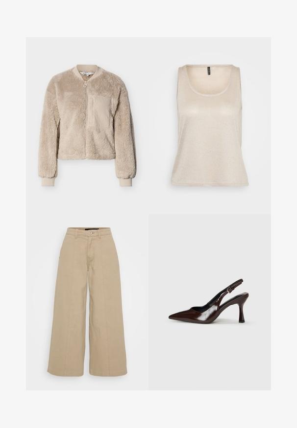 Veste bomber en fausse fourrure beige avec fermeture éclair devant, poignets côtelés et une seule poche plaquée. Texture douce et coupe courte.; Haut sans manches beige clair avec un décolleté arrondi, fabriqué dans un matériau doux et scintillant, présentant une coupe décontractée et un ourlet incurvé.; Pantalons larges beige en mélange de coton, dotés de plis sur le devant, d'une fermeture à bouton et de deux poches latérales pour la fonctionnalité.; Talons slingback en cuir verni brun avec un bout pointu, un talon fin, et une sangle réglable avec une petite boucle.