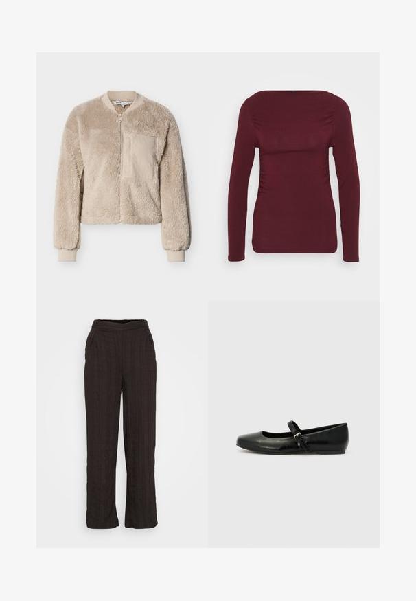 Veste bomber en fausse fourrure beige avec fermeture éclair devant, poignets côtelés et une seule poche plaquée. Texture douce et coupe courte.; Haut à manches longues bordeaux en tissu doux, avec un décolleté carré et un ruché sur les côtés pour un design ajusté. Texture lisse sans motifs.; Pantalons larges noirs en tissu texturé avec un design plissé. Dotés d'une ceinture élastique et de poches latérales.; Ballerines en cuir noir avec un bout arrondi, une semelle plate et une fine sangle ajustable sur le cou-de-pied avec une boucle en métal.
