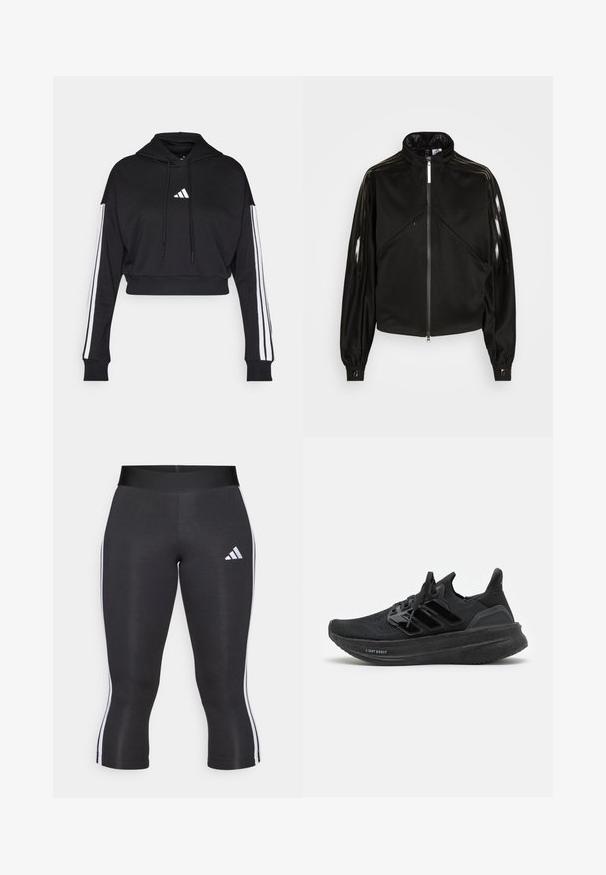 Zwarte sportieve jas met ritssluiting, hoge kraag, glanzende zwarte strepen op de mouwen, elastische manchetten en twee voorzakken met rits.; Zwarte cropped hoodie met een voorste kangaroo zak, verstelbare trekkoorden en witte drie-strepen accenten op de mouwen. Bevat een logo.; Zwarte capri leggings met een brede tailleband, voorzien van witte zijkanten en een wit Adidas logo op de linker dij. Glad textuur.; Zwarte sportieve sneaker met gebreide bovenkant, vetersluiting, dikke gewatteerde zool met label "Light Boost," en drie zwarte strepen aan de zijkant.